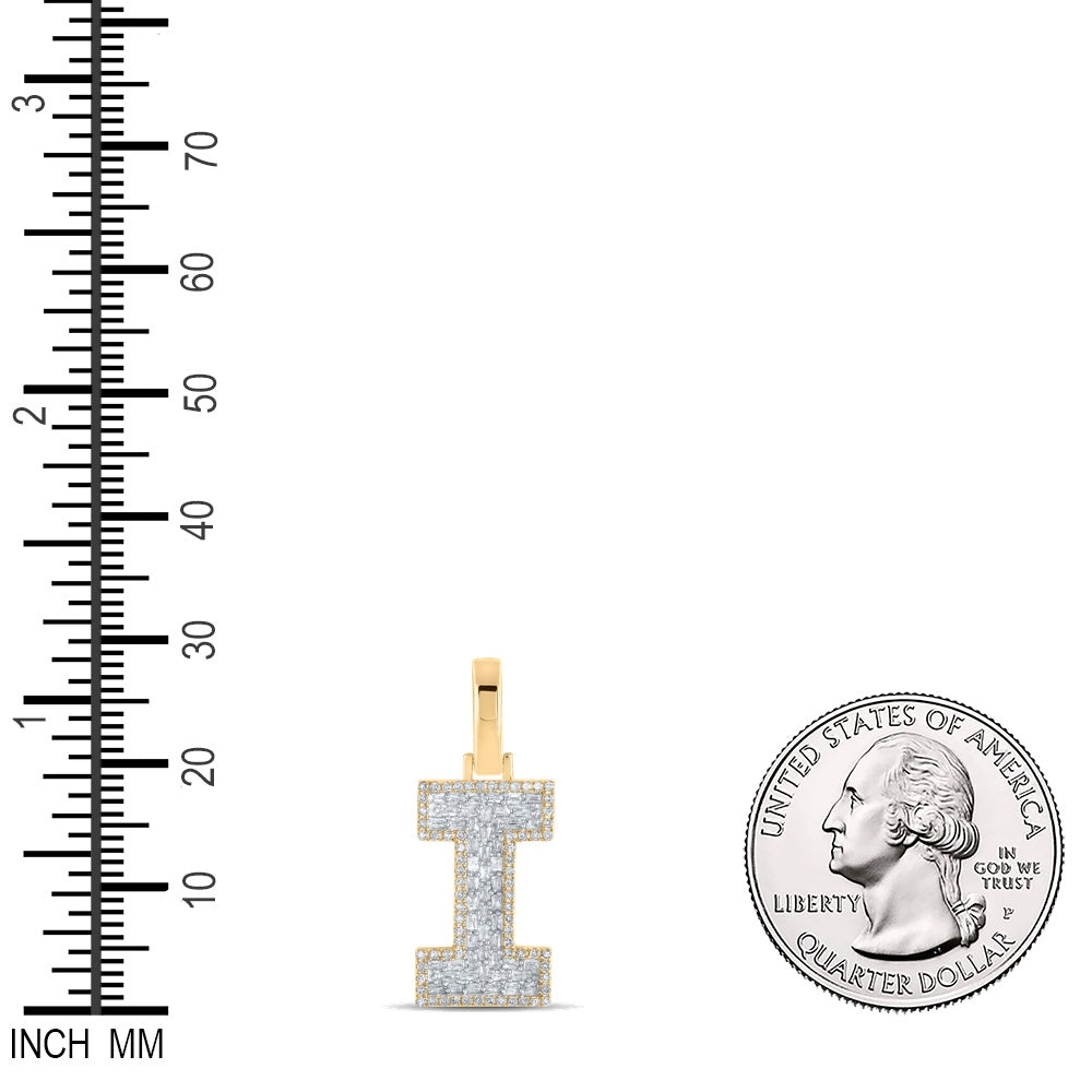 0.41 Ctw Natural Diamond Baguette Block Initial Letter I Pendant in 10k Yellow Gold