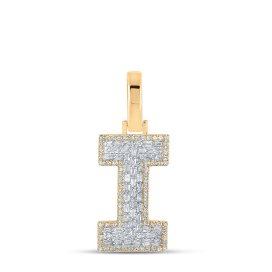 0.41 Ctw Natural Diamond Baguette Block Initial Letter I Pendant in 10k Yellow Gold