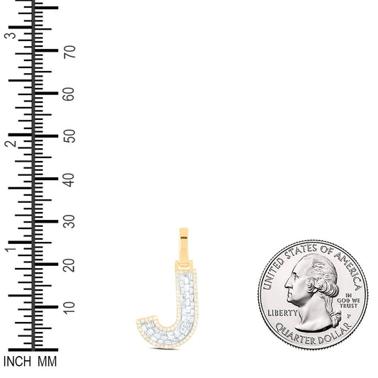 0.35 Ctw Natural Diamond Baguette Block Initial Letter J Pendant in 10k Yellow Gold