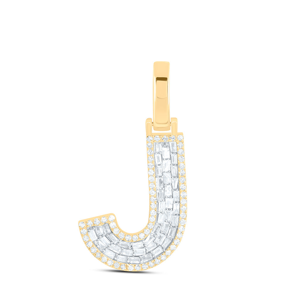 0.35 Ctw Natural Diamond Baguette Block Initial Letter J Pendant in 10k Yellow Gold