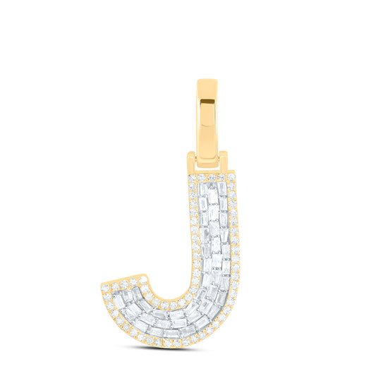 0.35 Ctw Natural Diamond Baguette Block Initial Letter J Pendant in 10k Yellow Gold