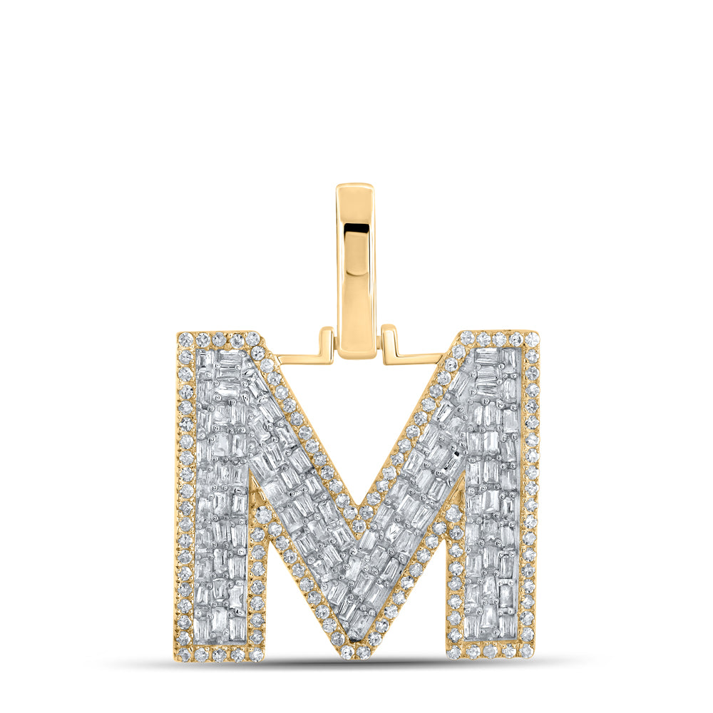 0.77 Ctw Natural Diamond Baguette Block Initial Letter M Pendant in 10k Yellow Gold