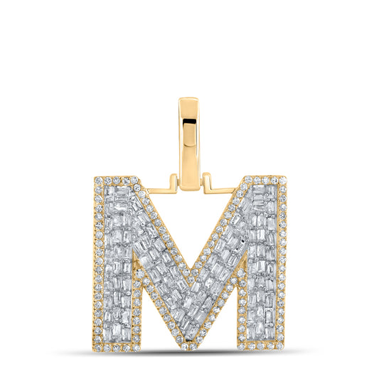 0.77 Ctw Natural Diamond Baguette Block Initial Letter M Pendant in 10k Yellow Gold