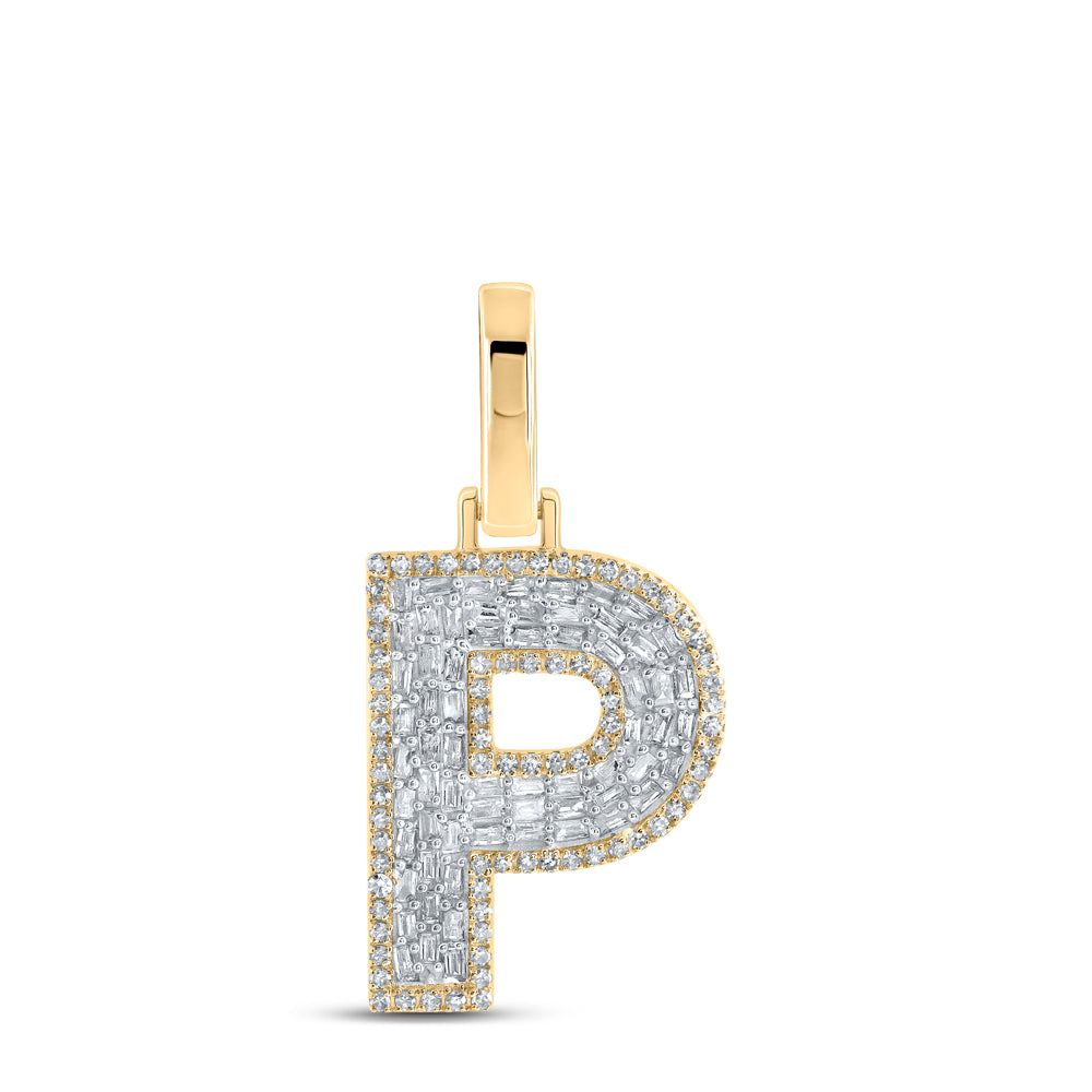 0.48 Ctw Natural Diamond Baguette Block Initial Letter P Pendant in 10k Yellow Gold
