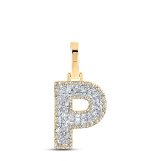 0.48 Ctw Natural Diamond Baguette Block Initial Letter P Pendant in 10k Yellow Gold