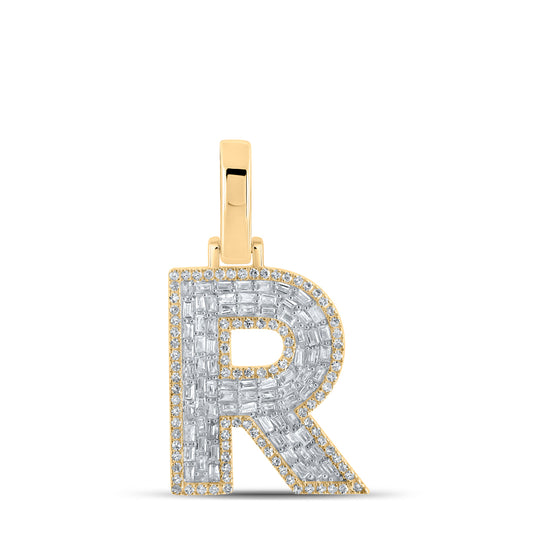 0.6 Ctw Natural Diamond Baguette Block Initial Letter R Pendant in 10k Yellow Gold