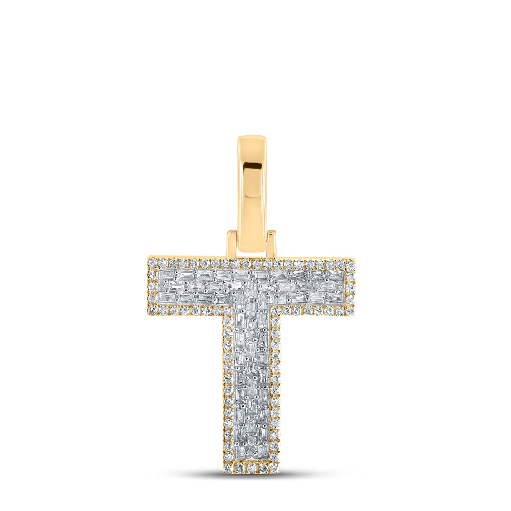 0.41 Ctw Natural Diamond Baguette Block Initial Letter T Pendant in 10k Yellow Gold