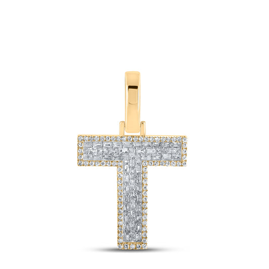 0.41 Ctw Natural Diamond Baguette Block Initial Letter T Pendant in 10k Yellow Gold