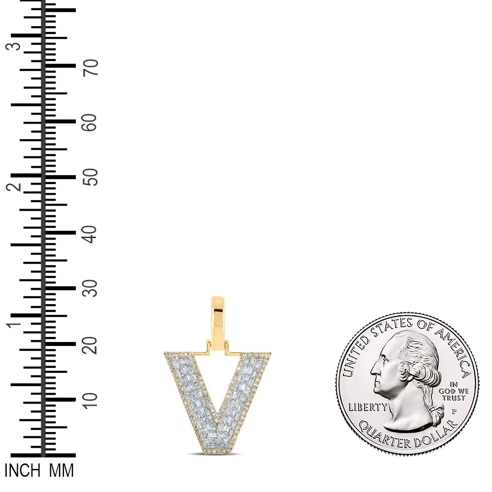 0.5 Ctw Natural Diamond Baguette Block Initial Letter V Pendant in 10k Yellow Gold