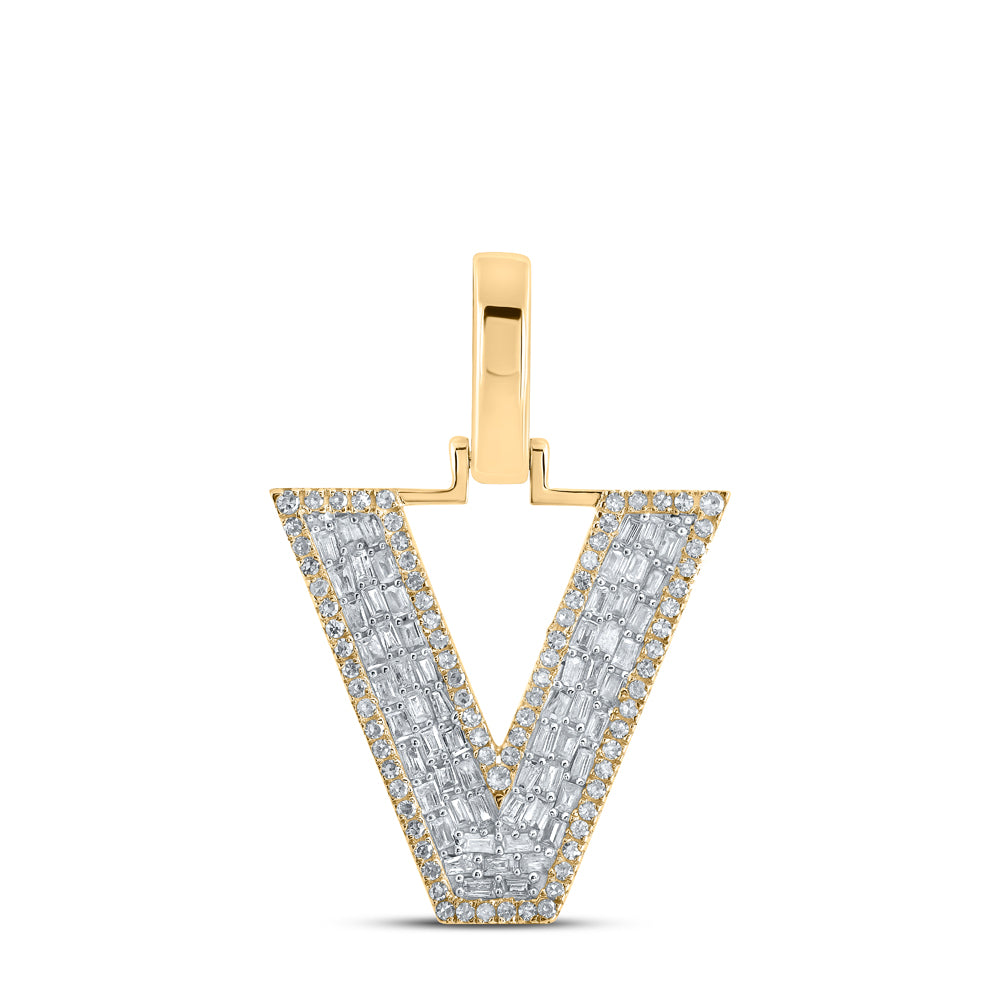 0.5 Ctw Natural Diamond Baguette Block Initial Letter V Pendant in 10k Yellow Gold
