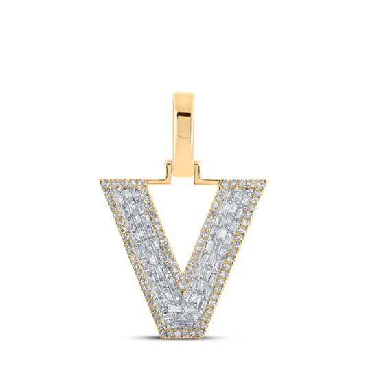 0.5 Ctw Natural Diamond Baguette Block Initial Letter V Pendant in 10k Yellow Gold