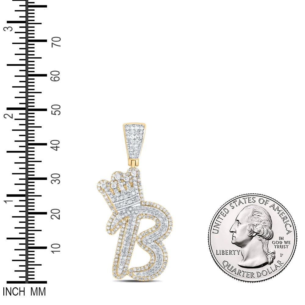 1.31 Ctw Natural Diamond Crown Initial Letter Alphabet B Pendant in 10k Yellow Gold