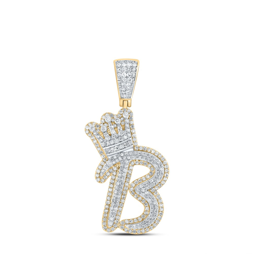 1.31 Ctw Natural Diamond Crown Initial Letter Alphabet B Pendant in 10k Yellow Gold