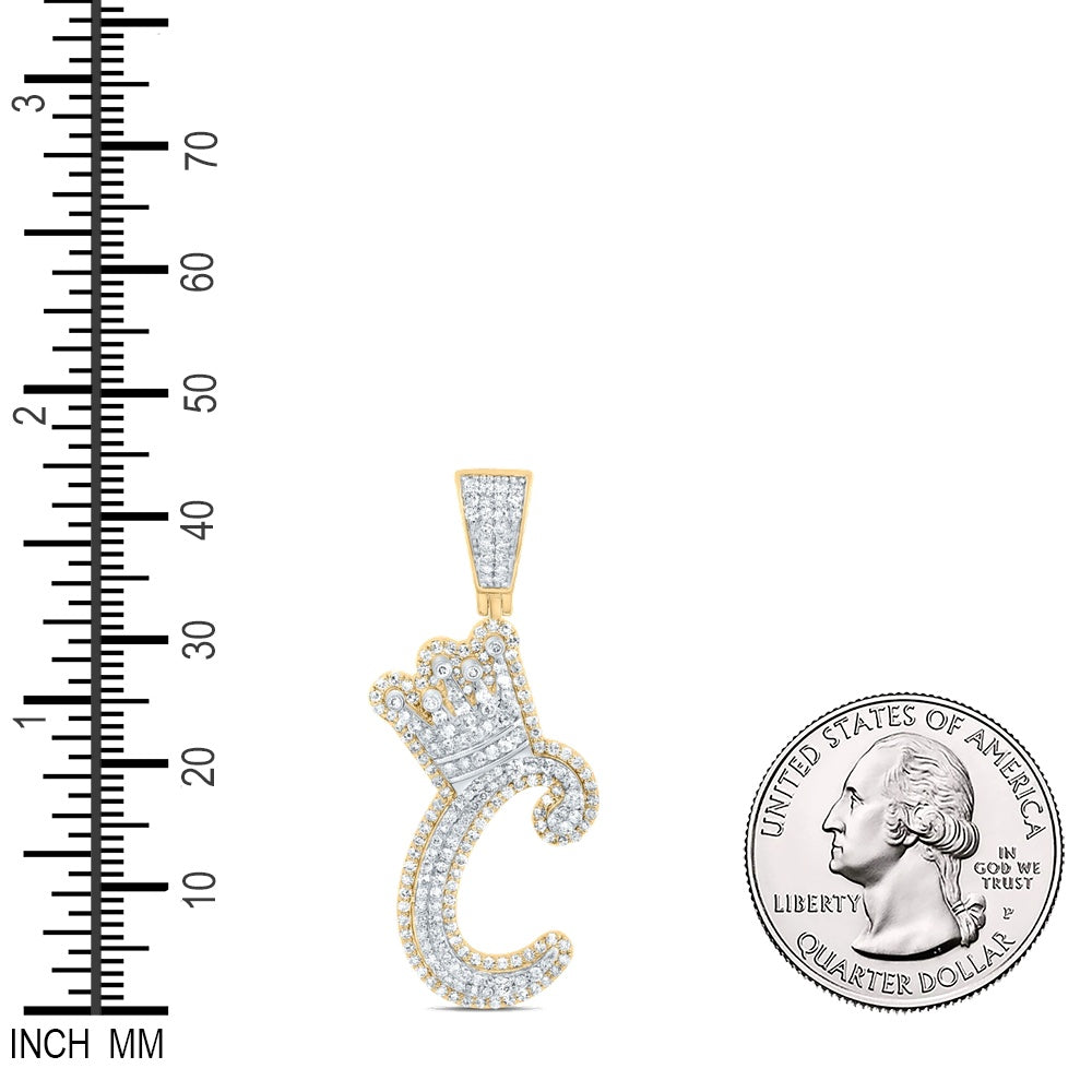 1.03 Ctw Natural Diamond Crown Initial Letter Alphabet C Pendant in 10k Yellow Gold