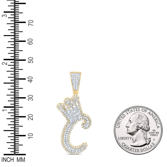 1.03 Ctw Natural Diamond Crown Initial Letter Alphabet C Pendant in 10k Yellow Gold