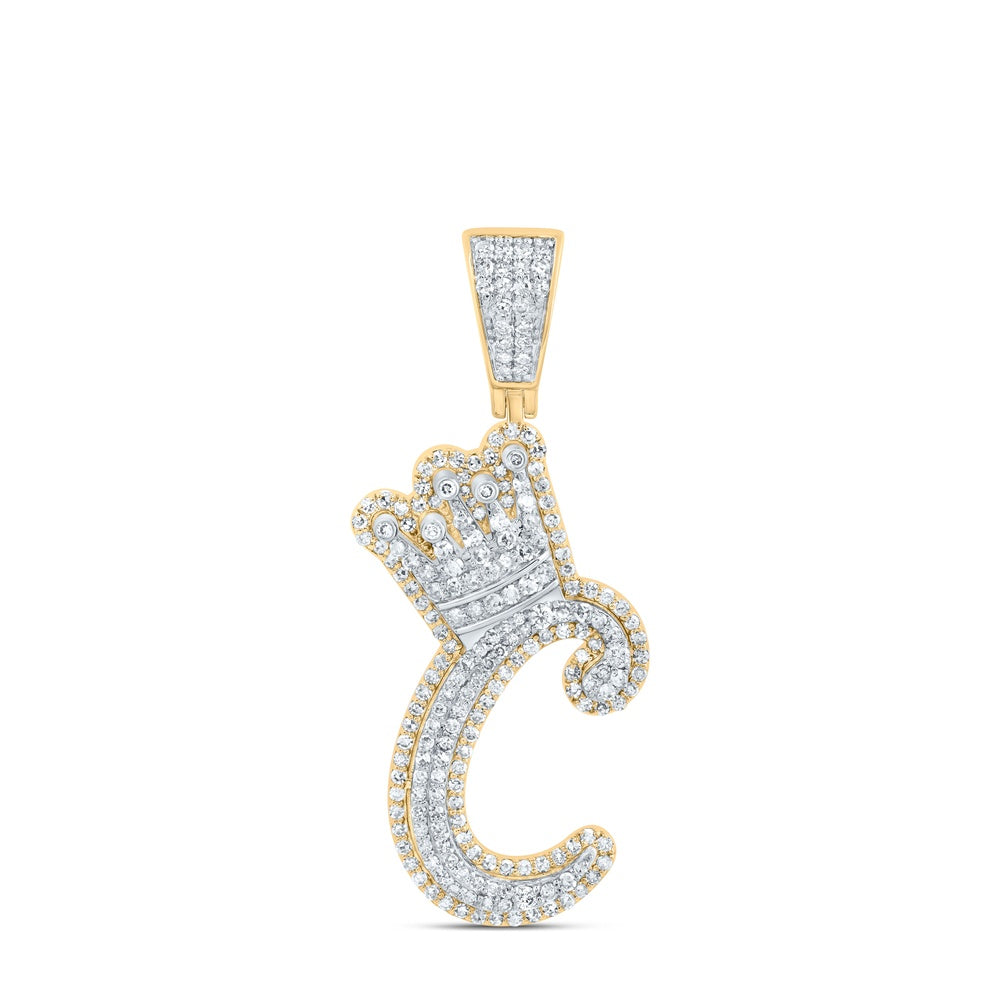 1.03 Ctw Natural Diamond Crown Initial Letter Alphabet C Pendant in 10k Yellow Gold