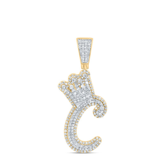1.03 Ctw Natural Diamond Crown Initial Letter Alphabet C Pendant in 10k Yellow Gold