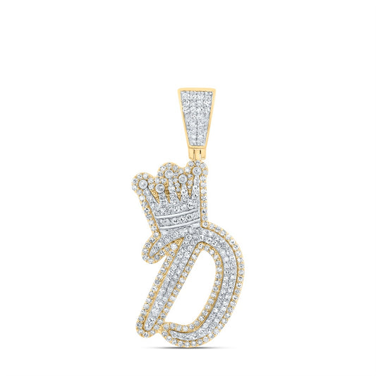 1.19 Ctw Natural Diamond Crown Initial Letter Alphabet D Pendant in 10k Yellow Gold