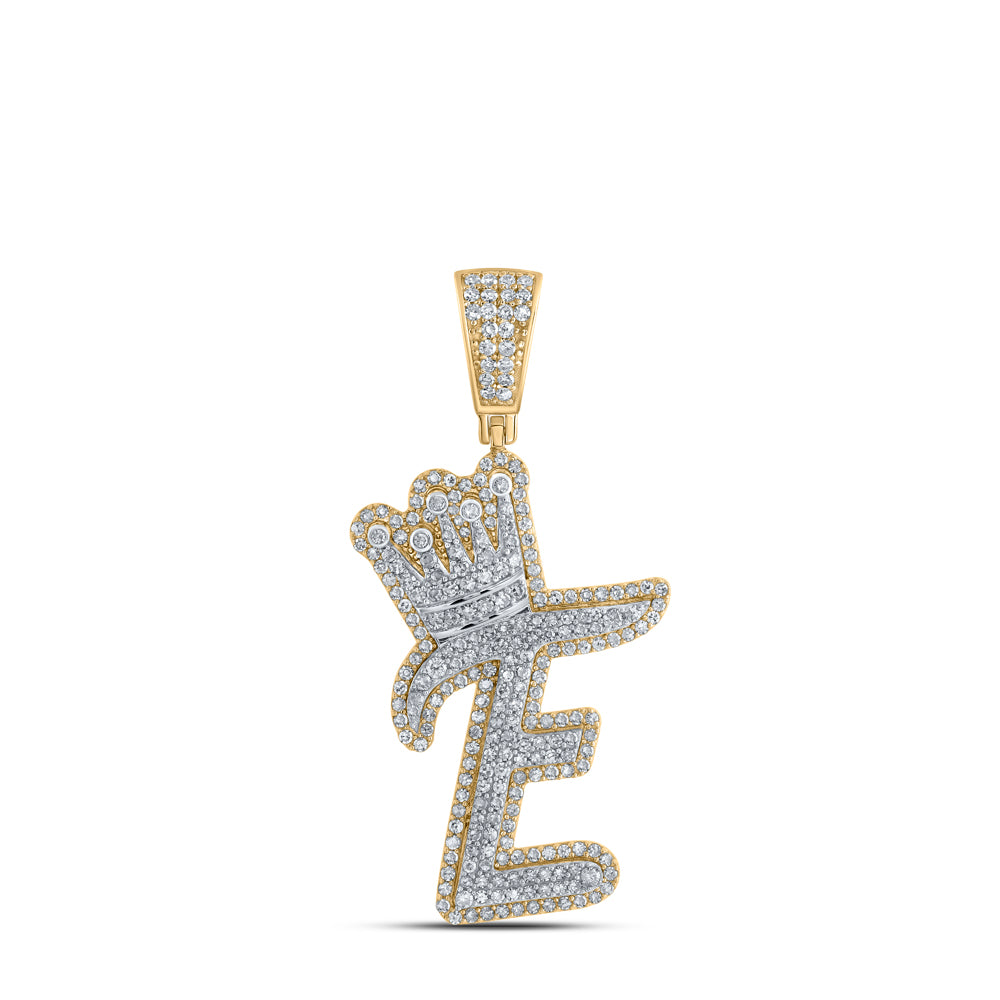 1.19 Ctw Natural Diamond Crown Initial Letter Alphabet E Pendant in 10k Yellow Gold