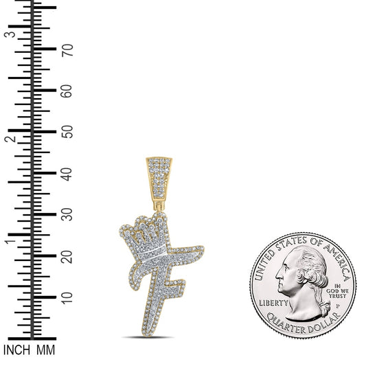1.03 Ctw Natural Diamond Crown Initial Letter Alphabet F Pendant in 10k Yellow Gold