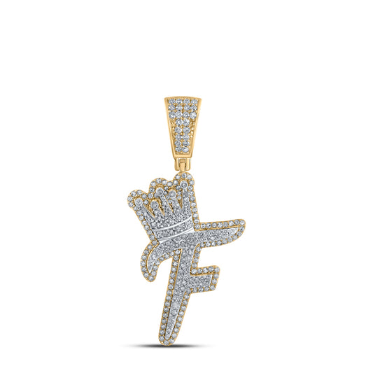 1.03 Ctw Natural Diamond Crown Initial Letter Alphabet F Pendant in 10k Yellow Gold