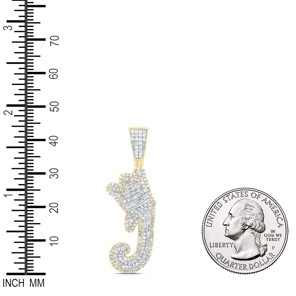 0.99 Ctw Natural Diamond Crown Initial Letter Alphabet J Pendant in 10k Yellow Gold