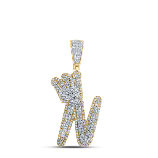 1.36 Ctw Natural Diamond Crown Initial Letter Alphabet N Pendant in 10k Yellow Gold