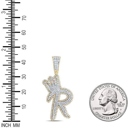 1.27 Ctw Natural Diamond Crown Initial Letter Alphabet R Pendant in 10k Yellow Gold