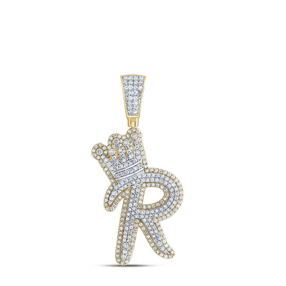 1.27 Ctw Natural Diamond Crown Initial Letter Alphabet R Pendant in 10k Yellow Gold