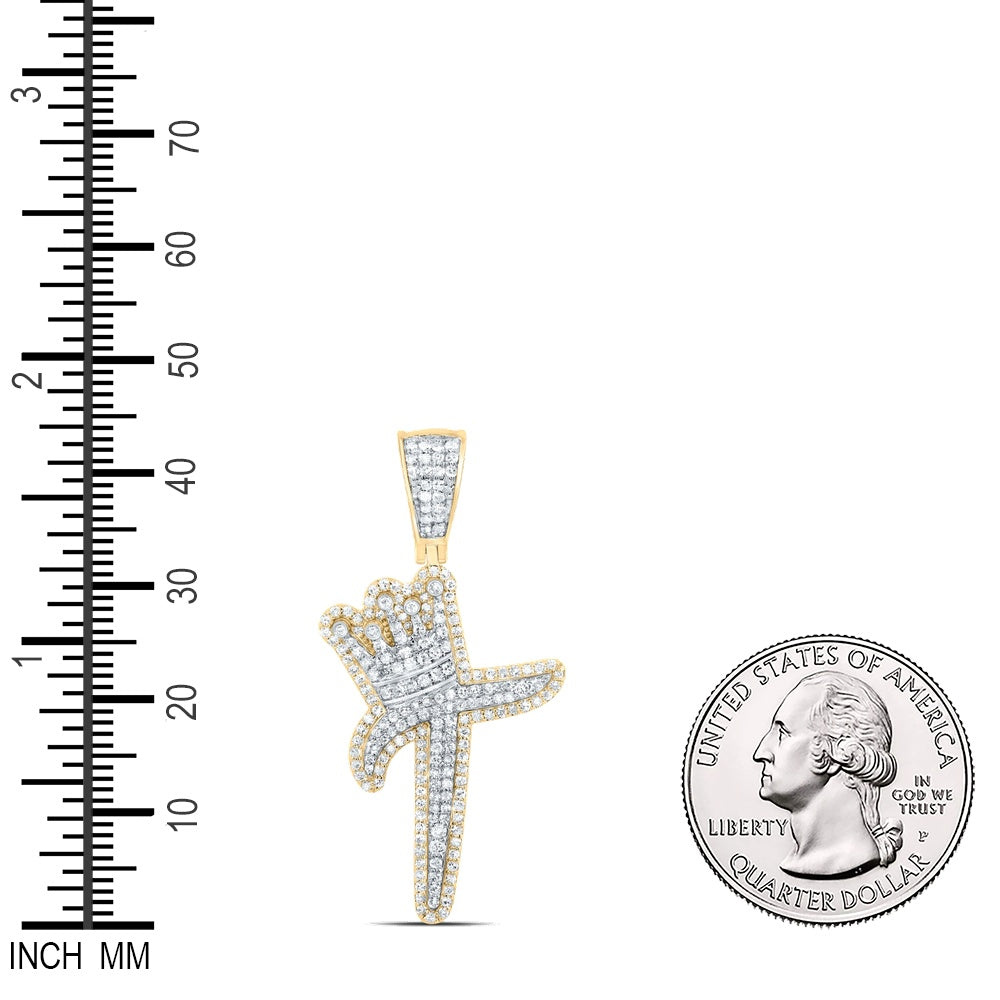 0.97 Ctw Natural Diamond Crown Initial Letter Alphabet T Pendant in 10k Yellow Gold