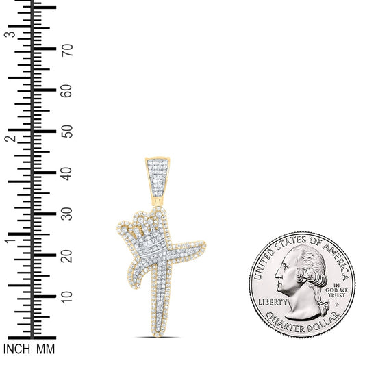 0.97 Ctw Natural Diamond Crown Initial Letter Alphabet T Pendant in 10k Yellow Gold