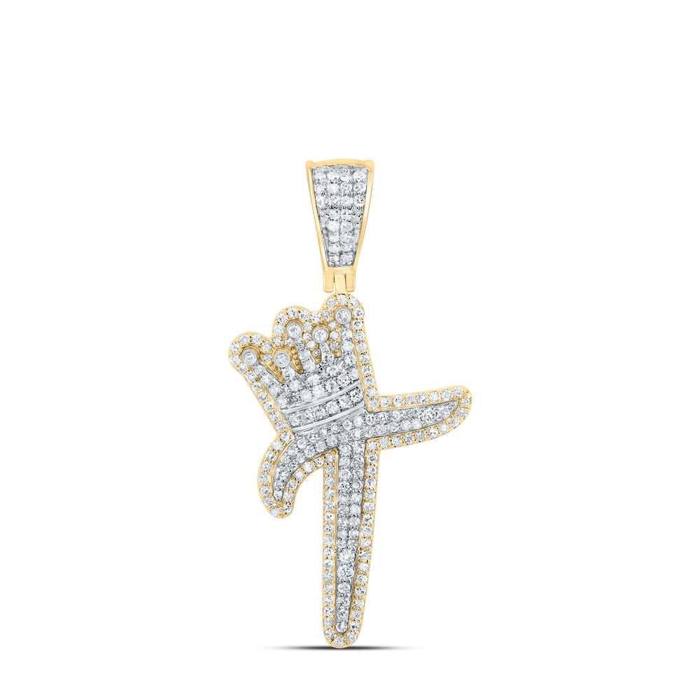 0.97 Ctw Natural Diamond Crown Initial Letter Alphabet T Pendant in 10k Yellow Gold