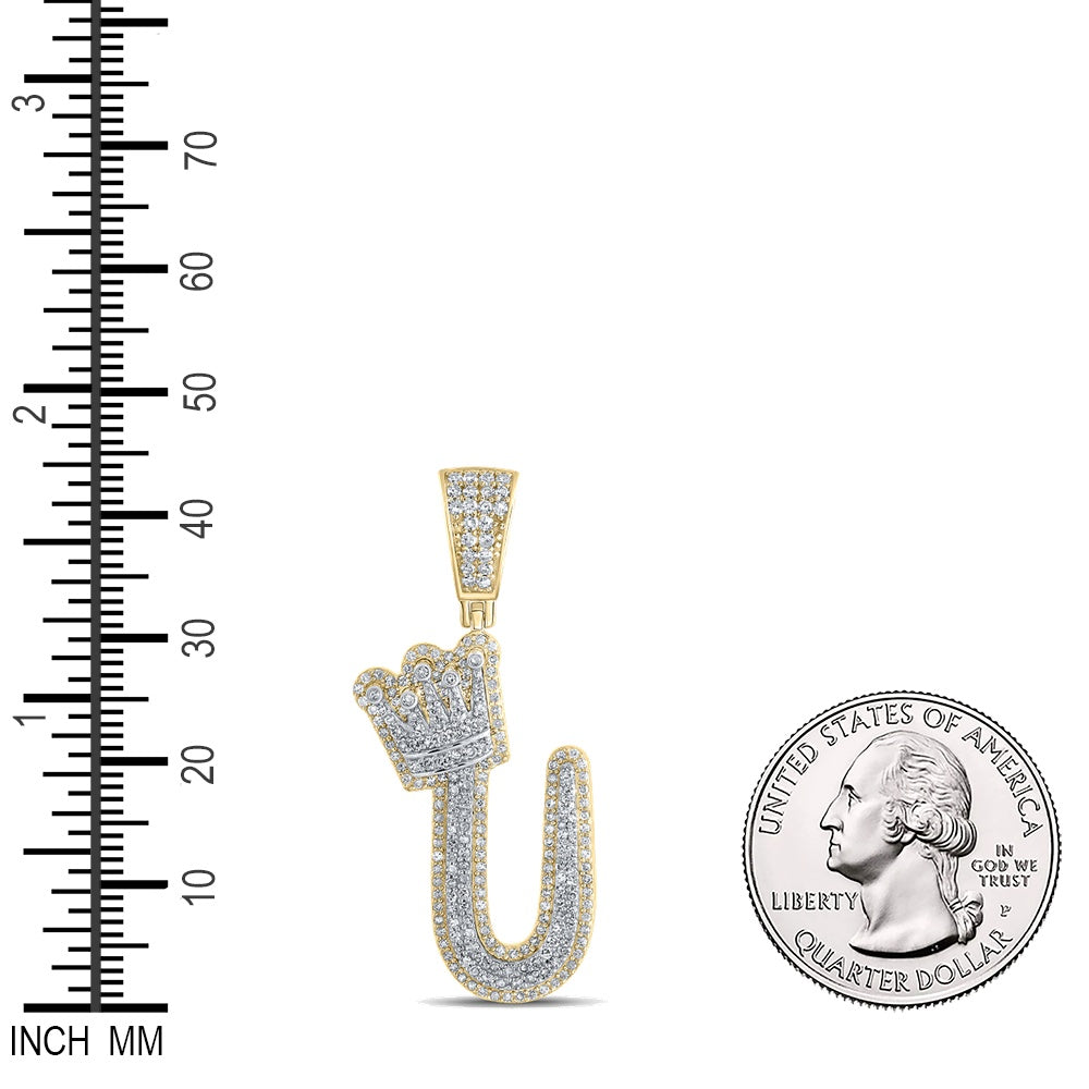 1.01 Ctw Natural Diamond Crown Initial Letter Alphabet U Pendant in 10k Yellow Gold