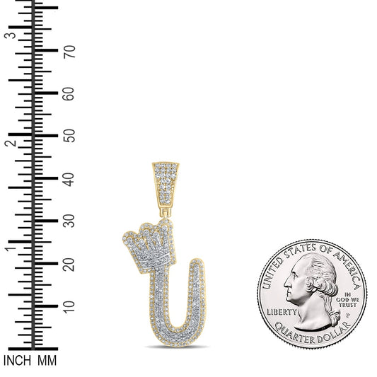1.01 Ctw Natural Diamond Crown Initial Letter Alphabet U Pendant in 10k Yellow Gold