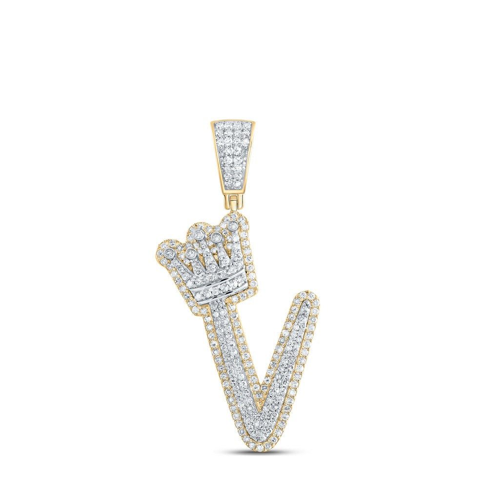 1.08 Ctw Natural Diamond Crown Initial Letter Alphabet V Pendant in 10k Yellow Gold