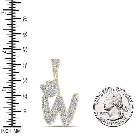 1.37 Ctw Natural Diamond Crown Initial Letter Alphabet W Pendant in 10k Yellow Gold