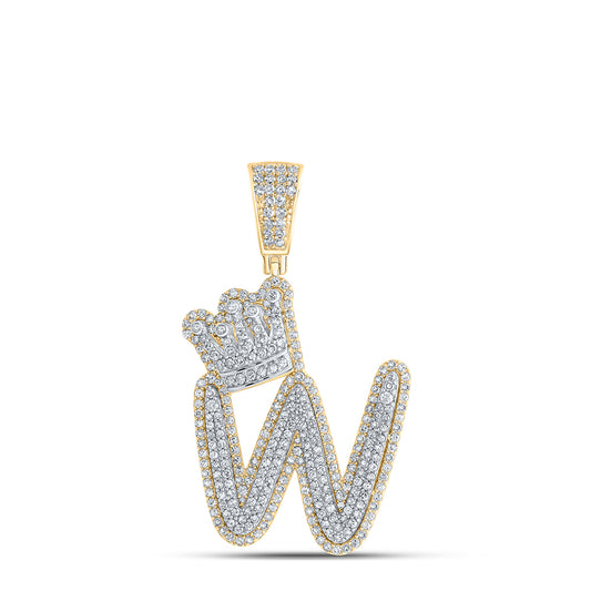 1.37 Ctw Natural Diamond Crown Initial Letter Alphabet W Pendant in 10k Yellow Gold