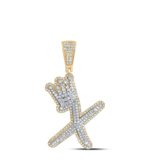 1.19 Ctw Natural Diamond Crown Initial Letter Alphabet X Pendant in 10k Yellow Gold