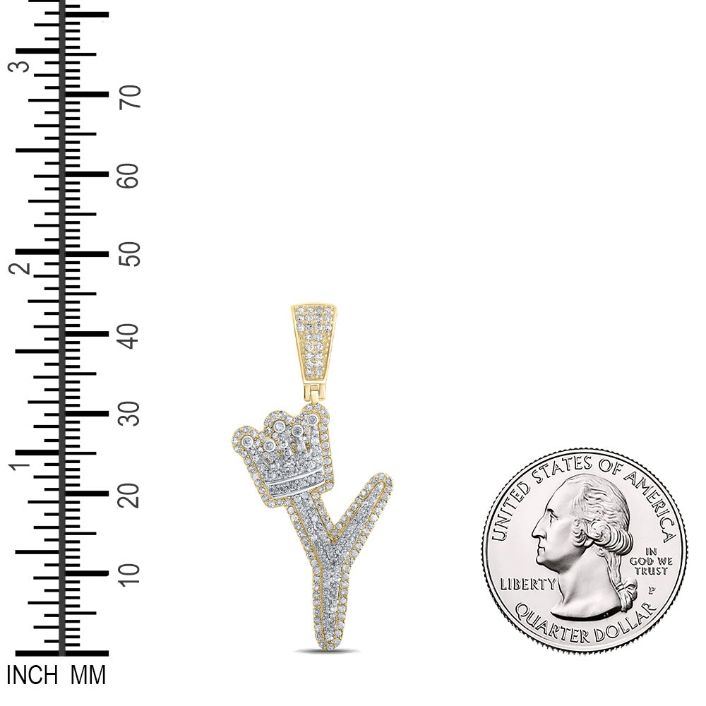 1.01 Ctw Natural Diamond Crown Initial Letter Alphabet Y Pendant in 10k Yellow Gold