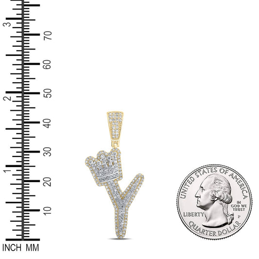 1.01 Ctw Natural Diamond Crown Initial Letter Alphabet Y Pendant in 10k Yellow Gold