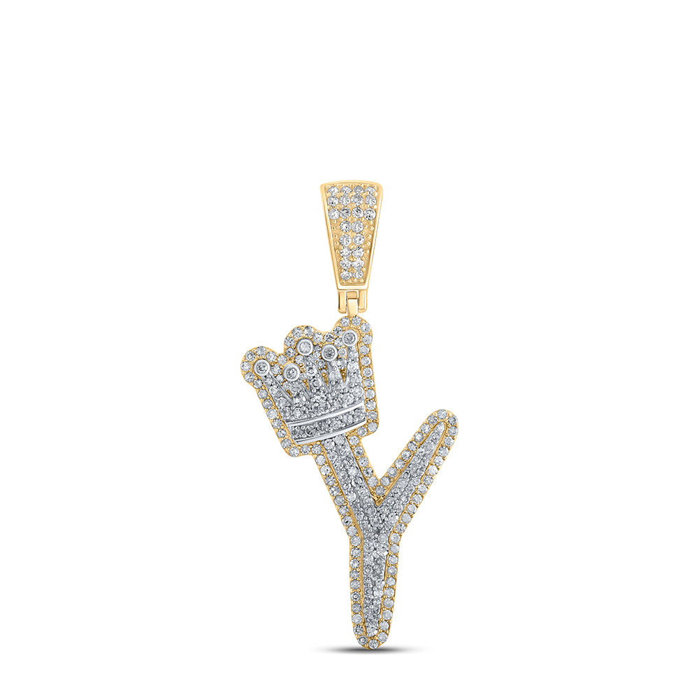 1.01 Ctw Natural Diamond Crown Initial Letter Alphabet Y Pendant in 10k Yellow Gold