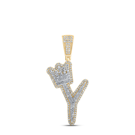 1.01 Ctw Natural Diamond Crown Initial Letter Alphabet Y Pendant in 10k Yellow Gold