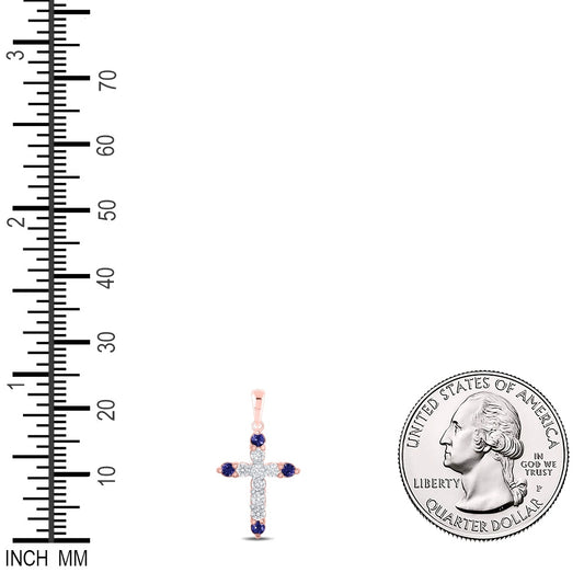0.27 Ctw Natural Diamond 4 Four Blue Sapphire Cross Pendant in 10k Rose Gold