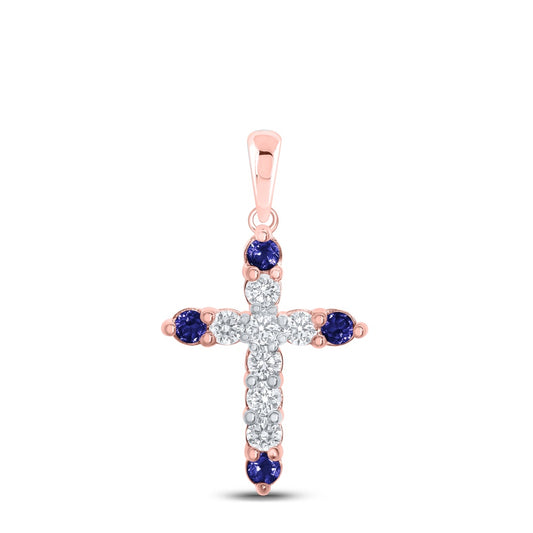 0.27 Ctw Natural Diamond 4 Four Blue Sapphire Cross Pendant in 10k Rose Gold