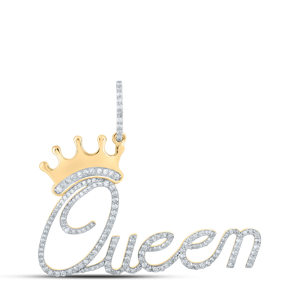 0.79 Ctw Natural Diamond Queen Crown Script Hiphop Pendant in 14k Yellow Gold