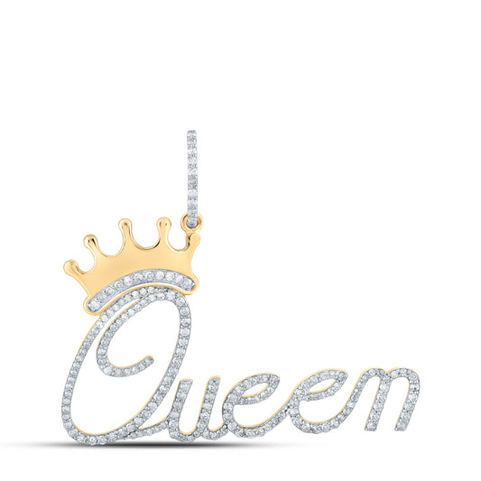 0.79 Ctw Natural Diamond Queen Crown Script Hiphop Pendant in 14k Yellow Gold
