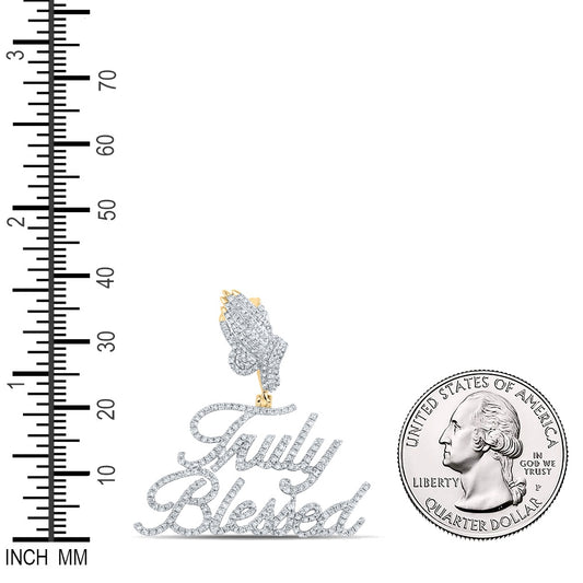 1 Ctw Natural Diamond Praying Hands Truly Blessed Nameplate Pendant in 14k Yellow Gold