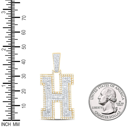 2 Ctw Natural Diamond Block Initial Letter Alphabet H Pendant in 14k Two-tone Gold