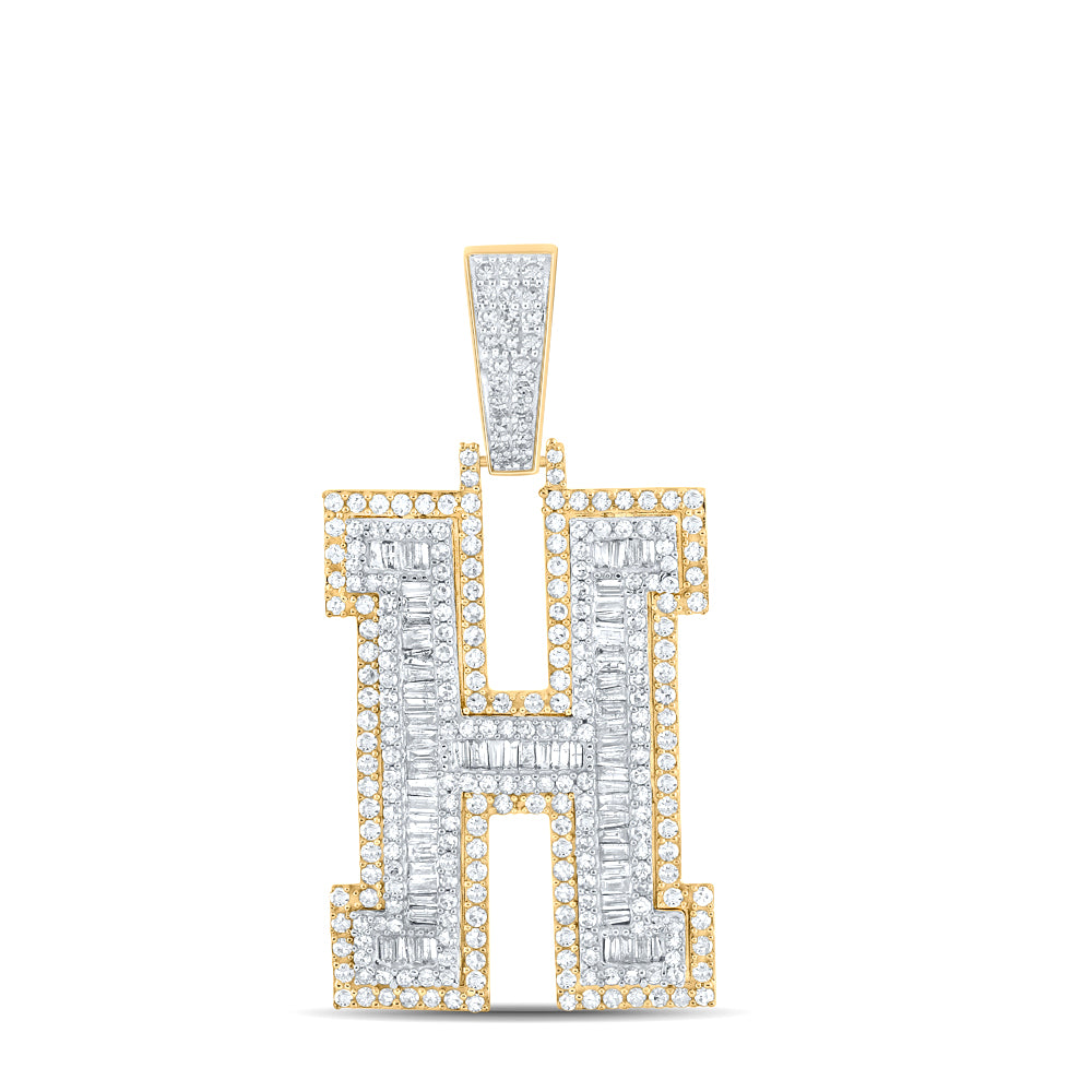 2 Ctw Natural Diamond Block Initial Letter Alphabet H Pendant in 14k Two-tone Gold