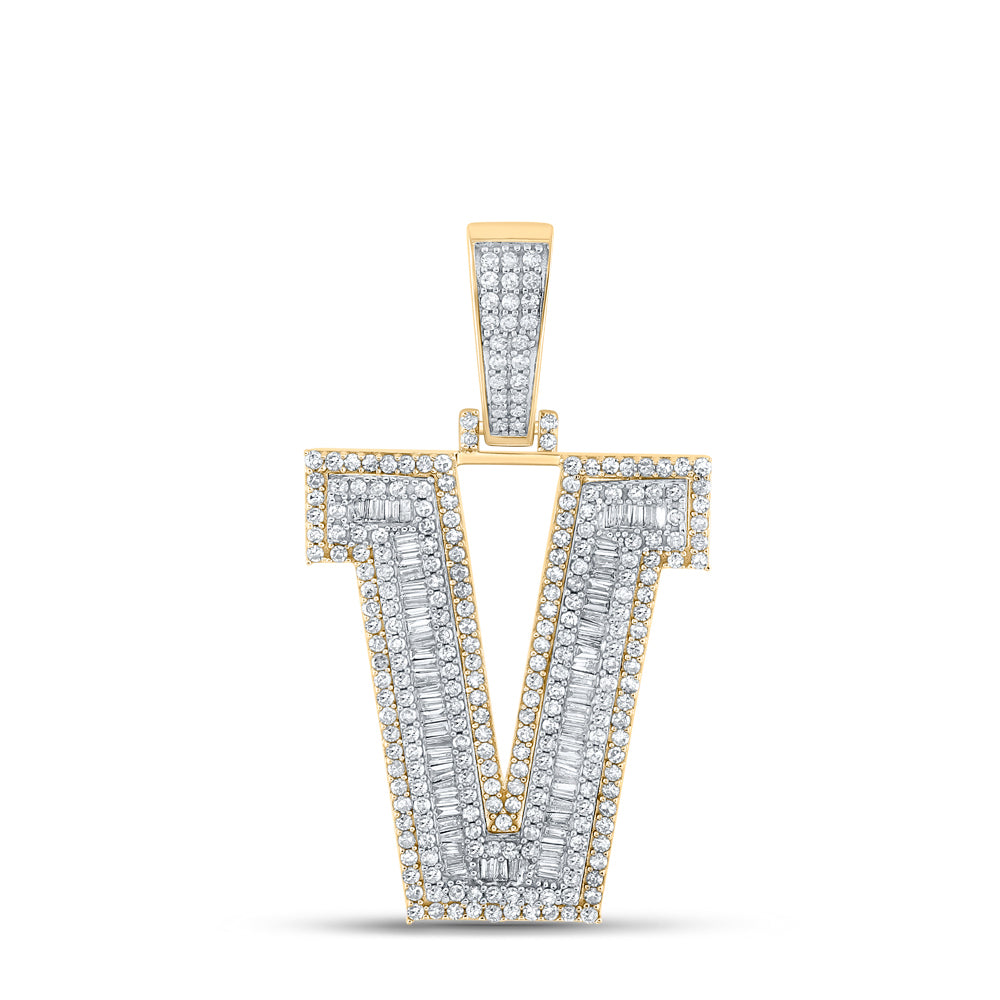 1.96 Ctw Natural Diamond Block Initial Letter Alphabet V Pendant in 14k Two-tone Gold